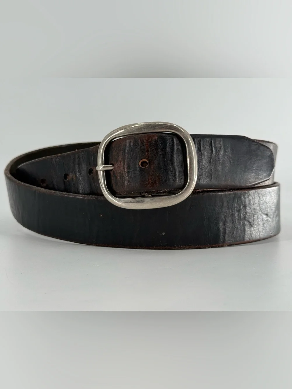 Vintage Black Leather Belt Worn In Distressed 42